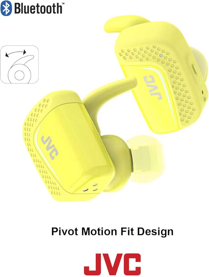 JVC True Wireless Earbuds for Sports & Fitness, Sweat/Water Proof IPX5, Bluetooth Connectivity, Pivot Motion Fit, 3 Point Support Structure, 3+6 Hours Battery Life - HAET90BTY (Yellow), One Size