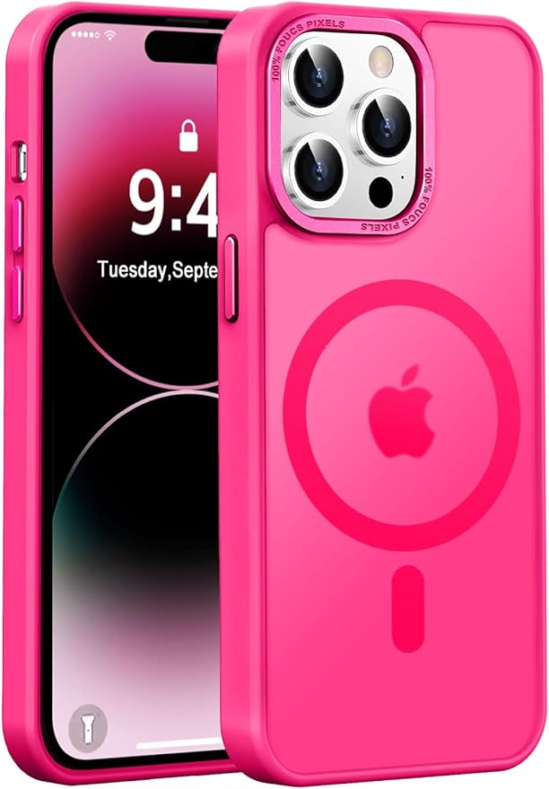 Newfuture Designed for iPhone 14 Pro Case with Magnetic [13 FT Military Drop Protection] [Compatible with Magsafe] Slim Translucent Matte Shockproof with Anti-Fingerprint Phone Case, Hot Pink