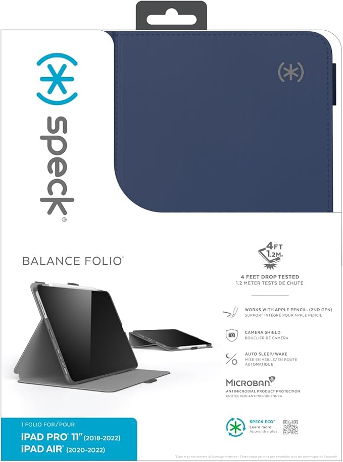 Speck Case for iPad Pro 4th Generation 11 Inch - Drop & Camera Protection, Slim Multi Range Stand, Apple Pencil Holder - Arcadia Navy/Moody Grey