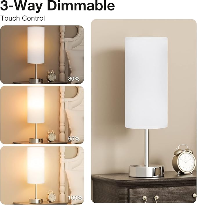 Dicoool White Bedside Touch Table Lamps for Bedroom Nightstand with USB-C USB-A Charging Ports White, 3 Way Dimmable Control Small Lamp Silver Base for Office, Living Room, Reading