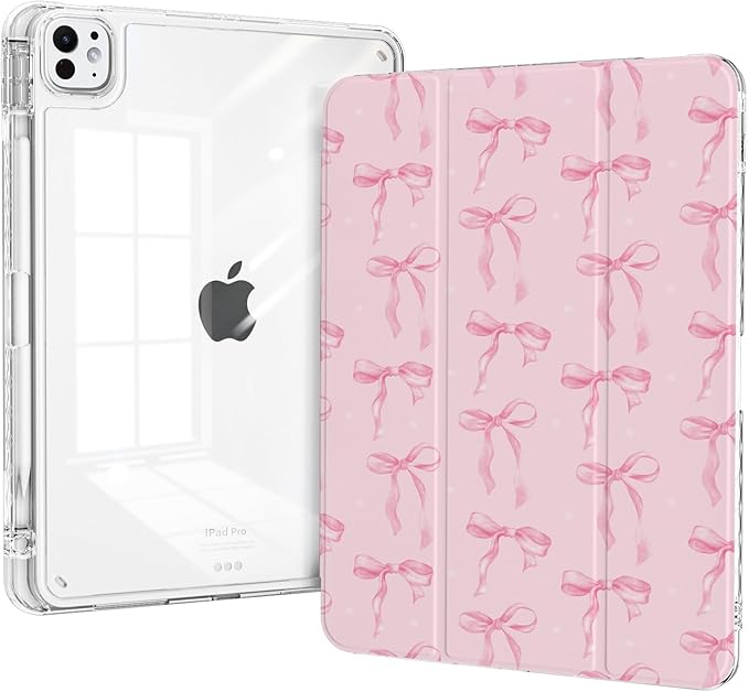 for iPad Air 13 Inch 2026/2025/2024 (M4/M3/M2) Case, Slim iPad Pro 12.9" 6th/5th/4th/3rd Generation Case, Trifold Stable Stand Protective Clear Back Cover with Pencil Holder, Pink Bows