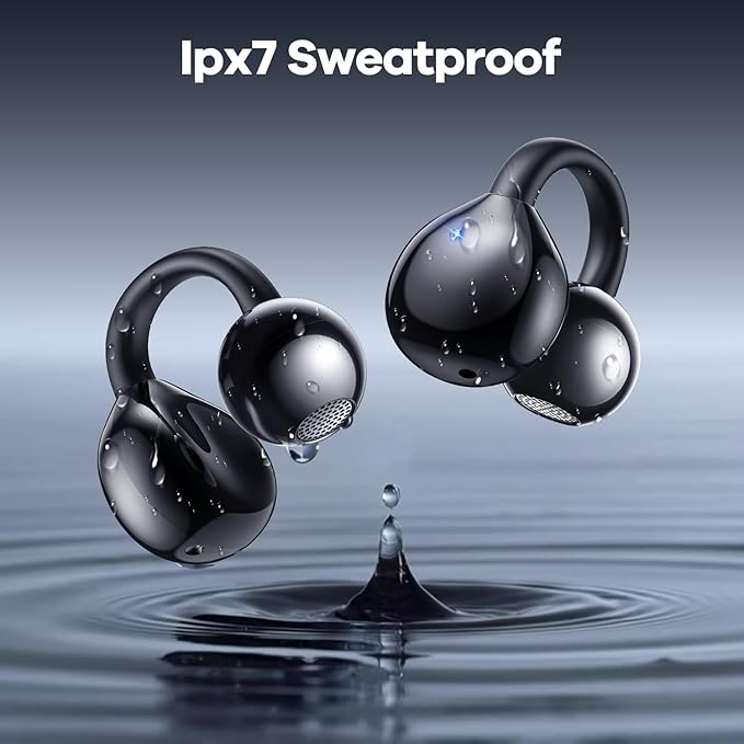 Wireless Earbuds Open Ear Clip On Headphones with LED Digital Display Charging Case Touch Control Bluetooth 5.4 Air Conduction Sport Earphones for Running Fitness, Dark Grey