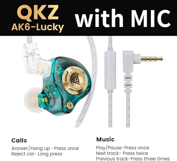 Qkz Ak6 Lucky in Ear Monitor, HiFi Wired Earbuds, Tunable Sound Wired Headphones Gaming Earbuds with 3-Level Adjusting Switch, Detachable Cable for Music Gaming Video Calling (Green)
