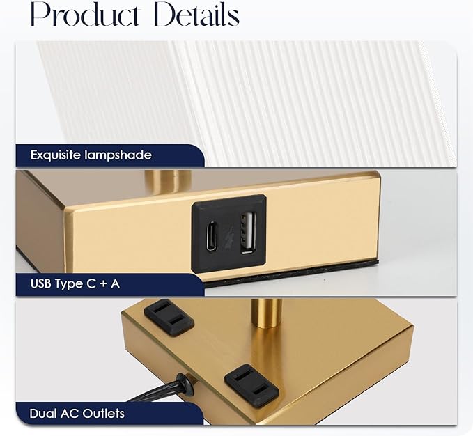 Set of 2 Bedside Table Lamp 3 Way Dimmable Nightstand Lamp with USB C & USB A Charging Port, 2 AC Outlets, 3000K LED Bulbs (Pleate)