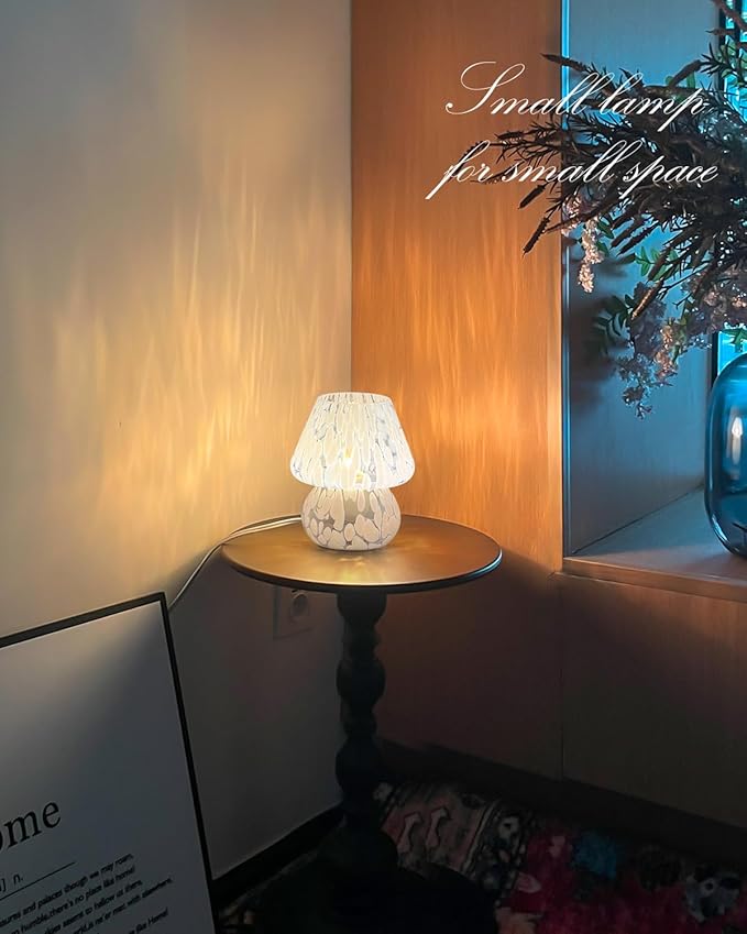 ONEWISH Mushroom Lamp Small Bedside Table Lamp-Nightstand Nightlight Dimmable Stepless, Translucent Glass Desk Lamp for Bedroom Dorm Living Kitchen, Murano Style Aesthetic Cute Home Decor(Blue)