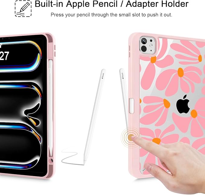 May Chen Case for iPad Pro 11-Inch M5/M4 2025/2024 (6th/5th Generation), Clear Transparent Print Back Shell Slim Stand Shockproof Tablet Cover, Auto Wake/Sleep, Groovy Flower