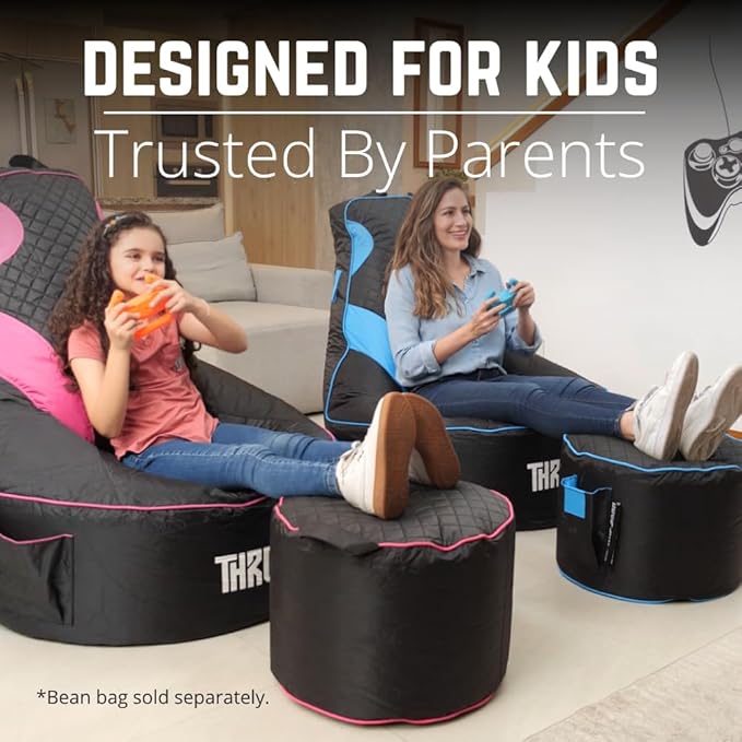 Throne Boss Gaming Footstool - Cover ONLY No Filling - Matching Bean Bag Chair Pouf/Ottoman - Round Gamer Foot Stool Footrest with Drink Holder (Black)