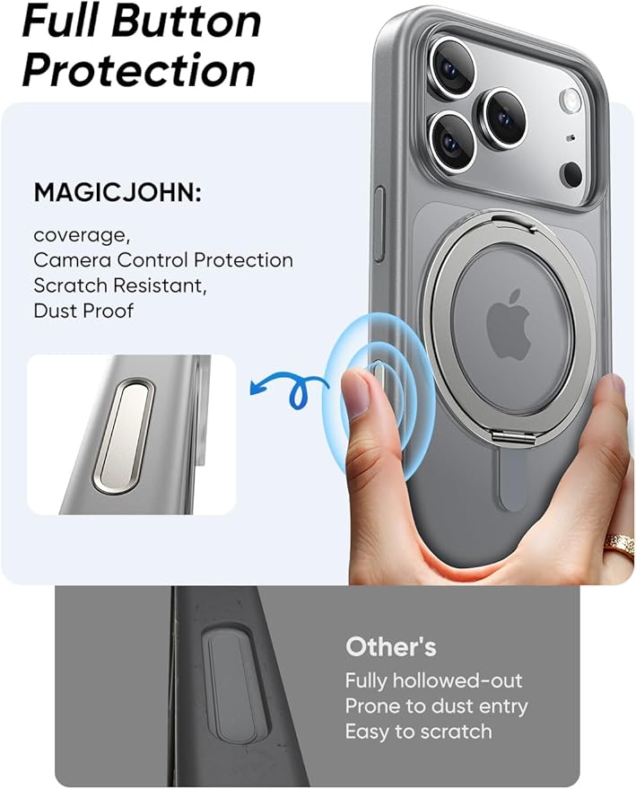 MAGIC JOHN 360° Rotatable Magnetic Invisible Stand for iPhone 17 Pro Max Case [Camera Control Button] [Compatible with MagSafe] 16FT Shockproof for iPhone 17 Pro Max Case with Kickstand, Gray