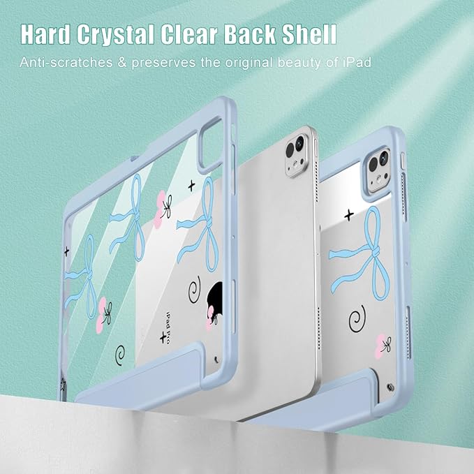 May Chen Case for iPad Pro 11-Inch M5/M4 2025/2024 (6th/5th Generation), Clear Transparent Print Back Shell Slim Stand Shockproof Tablet Cover, Auto Wake/Sleep, Blue Bows Dog