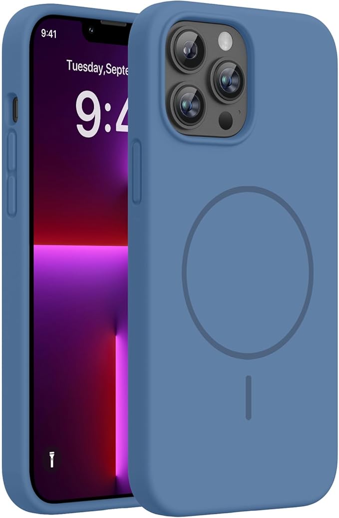 Miracase Magnetic for iPhone 13 Pro Max Case, [Soft Anti-Scratch Microfiber Lining], Magnetic for MagSafe, Liquid Silicone Shockproof Drop Protection Phone Case for 13 Pro Max, Glass Blue