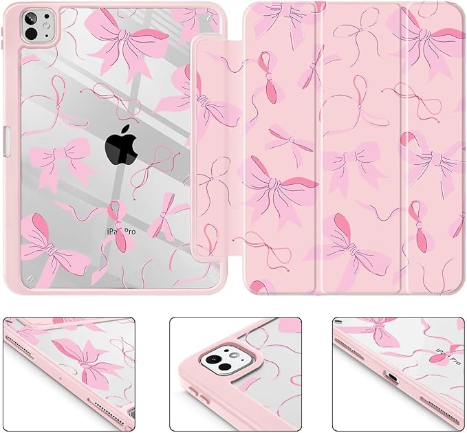 May Chen Case for iPad Pro 11-Inch M5/M4 2025/2024 (6th/5th Generation), Clear Transparent Print Back Shell Slim Stand Shockproof Tablet Cover, Auto Wake/Sleep, Pink Bows P631