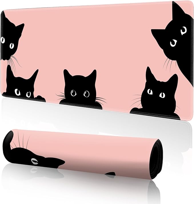 Pink Cute Cat Mouse Pad for Desk,Cat Mouse Pad 31.5 X 11.8 Mouse Mat Desk Pad,Extended Keyboard Mouse Pad Large Desk Mat Pink Mousepad with Non-Slip Base and Stitched Edge for Gaming Home Office