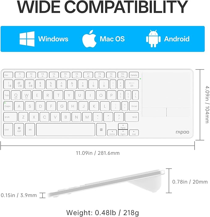 Rapoo Portable Wireless Keyboard with Touchpad, Multi-Device HTPC Keyboard for PC-Connected TV/Tablet/Steam Deck/Gaming Console/Raspberry Pi/Mini PC - Support Touch Gestures for Windows & Mac
