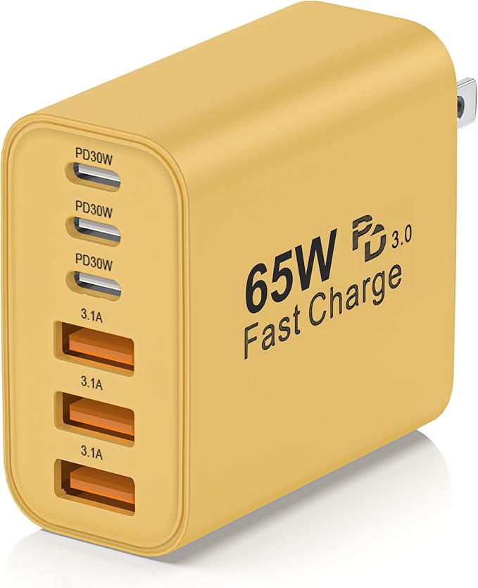 USB C Charger Block,65W 6-Port USBC Charging Block,Wall Charger iPhone Charger Fast Charging,Multiport Type C PD+QC Power Plug for All iPhone 17 16 15 iPad Samsung S23 S24 iWatch Pixel Series (Yellow)