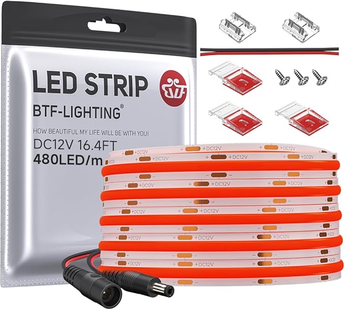BTF-LIGHTING FCOB COB LED Strip Red Color 480LEDs/m 16.4FT DC12V Flexible High Density Uniform Light 8mm Width Bright Dimmable for Bedroom Indoor Decor(No Adapter or Controller)