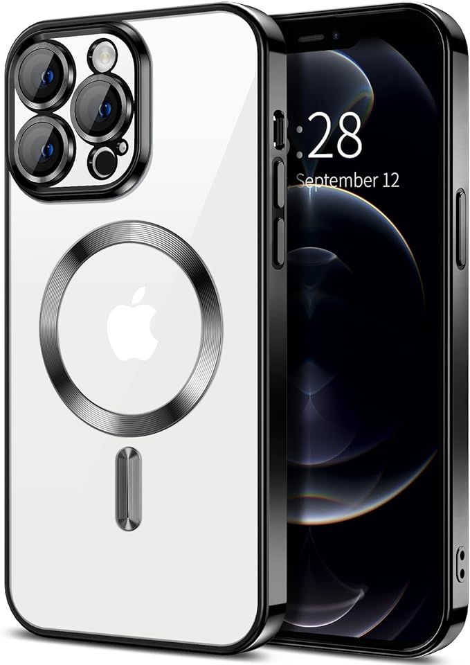 Hython Magnetic Clear for iPhone 12 Pro Max Case with Camera Lens Protector [Compatible with MagSafe] Plating Edge Slim Soft TPU Cover Protective Phone Case for iPhone 12 Pro Max 6.7", Black
