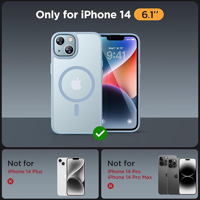 Miracase Magnetic for iPhone 14 Case 6.1 inch (Compatible with MagSafe)（with 2X Screen Protectors） Military-Grade Protection, Anti-Fingerprint Translucent Matte Phone Case Cover, Light Blue