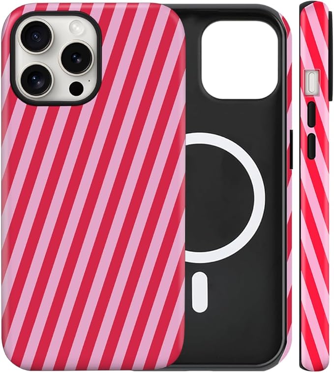 Magnetic for iPhone 15 Pro Max Case Cute Diagonal Stripes Phone Case, Shockproof Slim TPU and Hard PC Protective Phone Cover Compatible with MagSafe Designed for Women Girls,Red