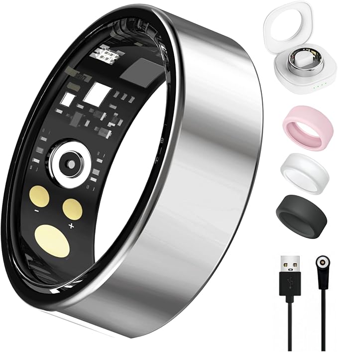 Smart Ring for Women Men, Health Tracker with Heart Rate/Blood Oxygen/Blood Pressure/Sleep Monitoring/Step Counting, IP68 Waterproof Fitness Ring, No App Fees for iPhone & Android (Silver, 6#)
