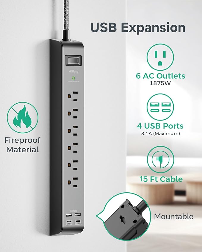 2 Pack 15FT Surge Protector Power Strip, Long Extension Cord with 6 Outlets 4 USB Ports, Flat Plug, 900 Joules, Wall Mount for Home Office Dorm