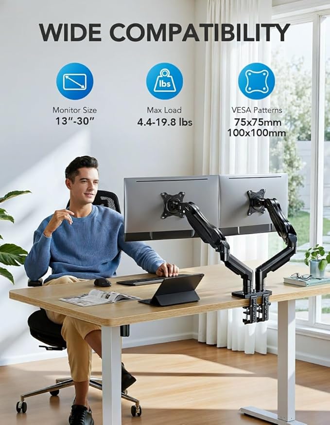 HUANUO FlowLift™ Dual Monitor Stand, Fully Adjustable Gaming Monitor Desk Mount for 13–30″ Computer Screens, Full Motion VESA 75x75/100x100 with C-Clamp & Grommet Base, Each Arm Holds 4.4 to 19.8 lbs
