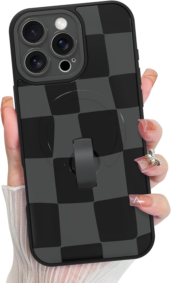 KANGHAR Compatible with iPhone 16 Pro Max Case, Support for MagSafe, Silicone Checkered Cute Pattern, Wristband Kickstand Camera Protection Soft Slim Cover for Girls Women -Black