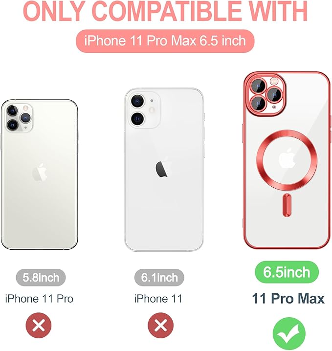 Hython Magnetic Clear for iPhone 11 Pro Max Case with Camera Lens Protector [Compatible with MagSafe] Plating Edge Slim Soft TPU Cover Protective Phone Case for iPhone 11 Pro Max 6.5", Red