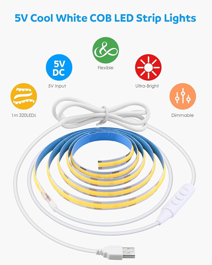 Aclorol 1M 5V COB LED Strip Light White 6000K Dimmable USB Powered TV LED Backlights 3.28FT 320Leds Flexible LED Tape Light Ultra Bright for 3D Printer Kitchen Under Cabinet Home Decoration CRI>85