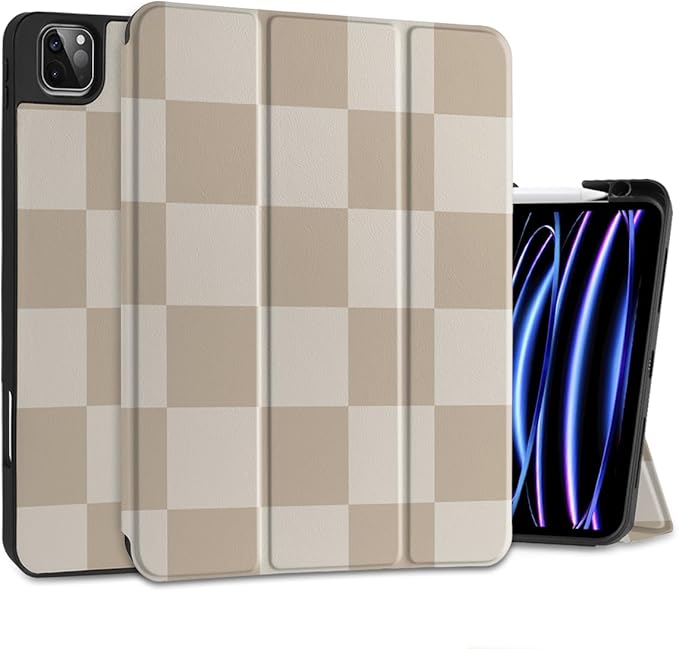 DONGKE Case for iPad Pro 12.9 inch 6th Generation 2022, Built-in Pencil Holder + Trifold Stand + Auto Wake/Sleep + Protective Cover for iPad Pro 12.9 5th/4th/3rd Gen- Beige Chessboard