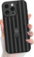 KANGHAR Compatible with iPhone 15 Pro Max Case, Support for MagSafe, Silicone Stripes Cute Pattern, Wristband Kickstand Camera Protection Soft Slim Cover for Girls Women -Black