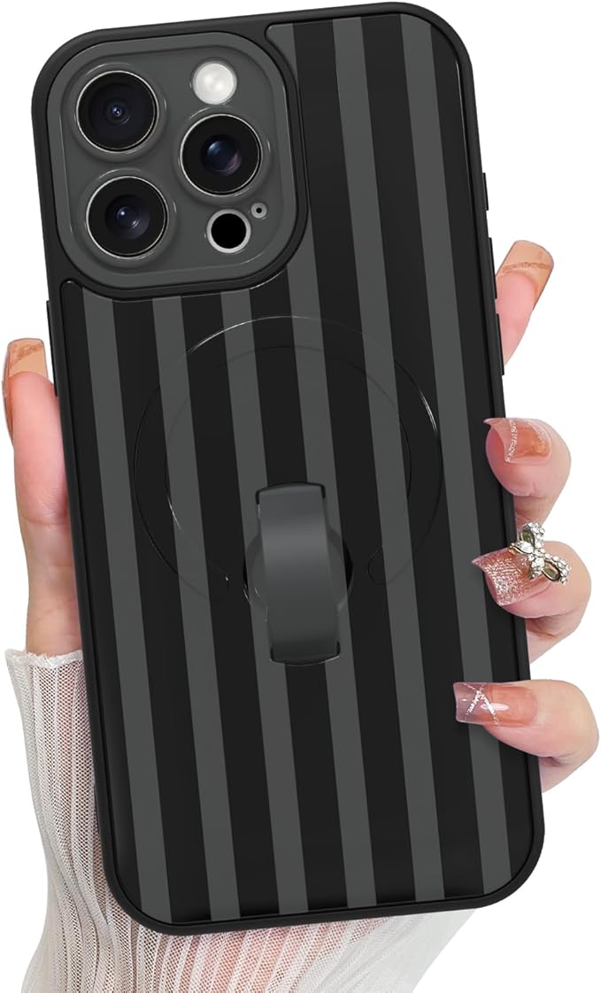 KANGHAR Compatible with iPhone 15 Pro Case, Support for MagSafe, Silicone Stripes Cute Pattern, Wristband Kickstand Camera Protection Soft Slim Cover for Girls Women -Black