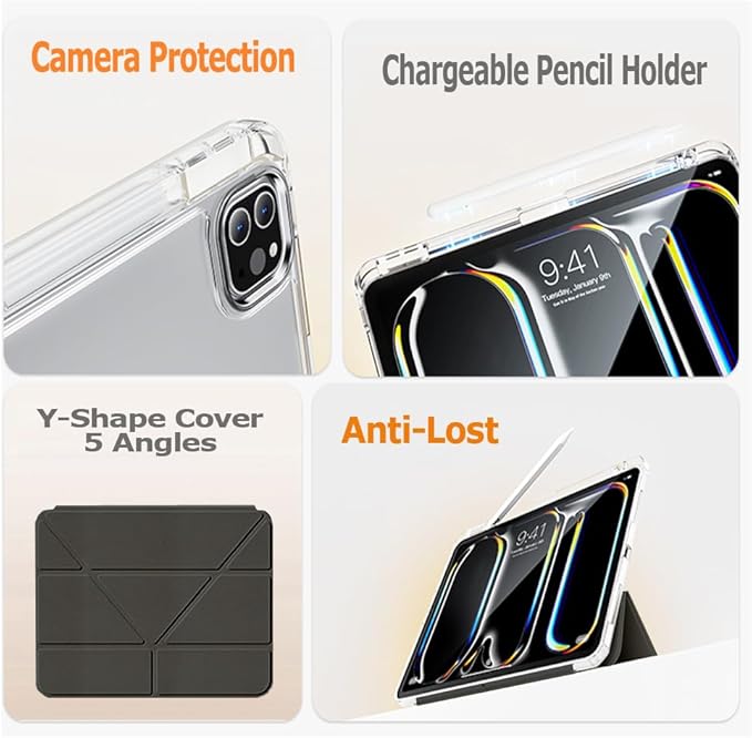 Case for iPad Pro 11 Inch 4th/3rd/2nd Generation (2022/2021/2020) with Pencil Holder, Multi-Angle Trifold Stand, Auto Wake-Sleep, Protective Clear Acrylic Backshell, Slim Smart Cute Cover (Black)