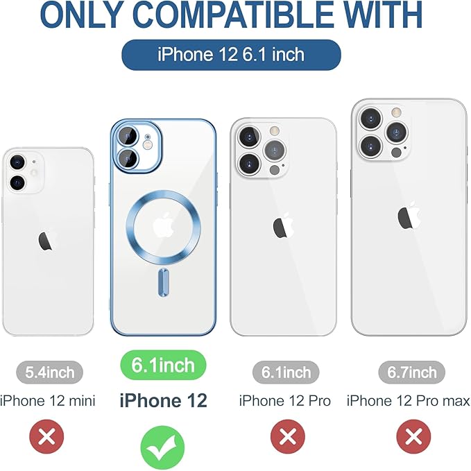 Hython Magnetic Clear for iPhone 12 Case with Camera Lens Protector [Compatible with MagSafe] Luxury Plating Edge Slim Soft TPU Cover Protective Phone Case for iPhone 12 6.1", Light Blue