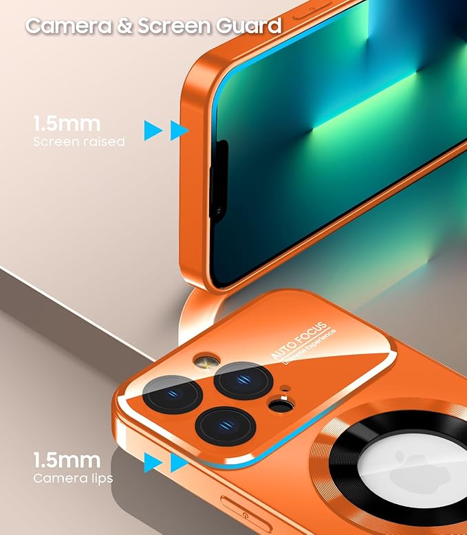 MAKAVO Magnetic for iPhone 13 Pro Max Case, Compatible with MagSafe, Built-in Camera Lens Protector, Logo View, Military Grade Drop Proof Phone Case Cover, Orange