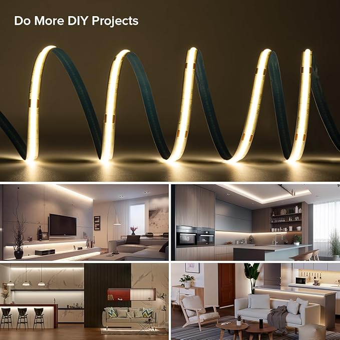 16.4FT DC12V COB LED Strip 4000K Natrual White 320LEDs Flexible High Density Uniform Bright Light Strip 9W/m, Dimmable LED Light for DIY Kitchen Bedroom Home Decor, No Power and Controller