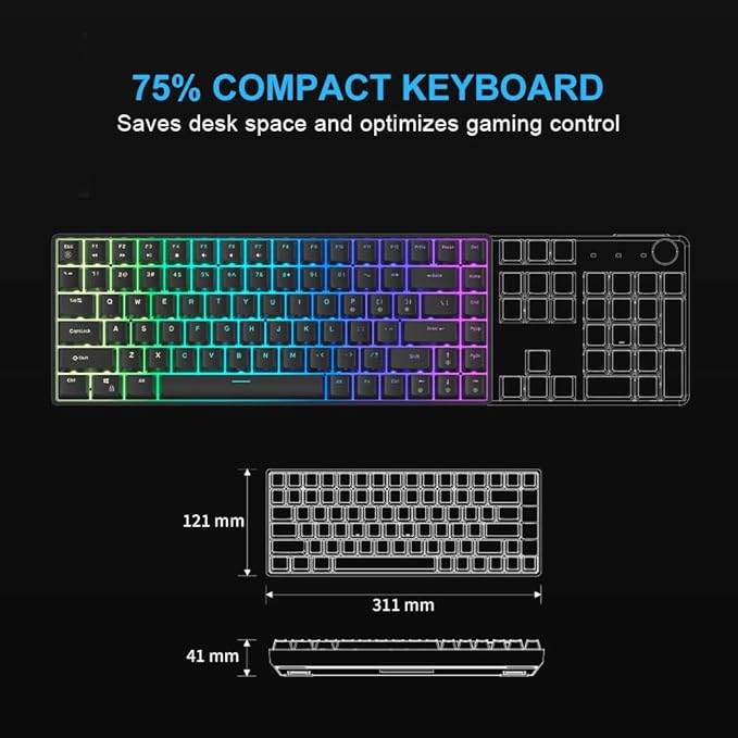 FOXXRAY HKM-S93 Mechanical Gaming Keyboard, Compact 75% Layout Hot-Swappable Gaming Keyboard Blue Switch, RGB Backlit with Customizable Keys, 84-Key Wired Computer Keyboards for Laptop PC Gamer-Black