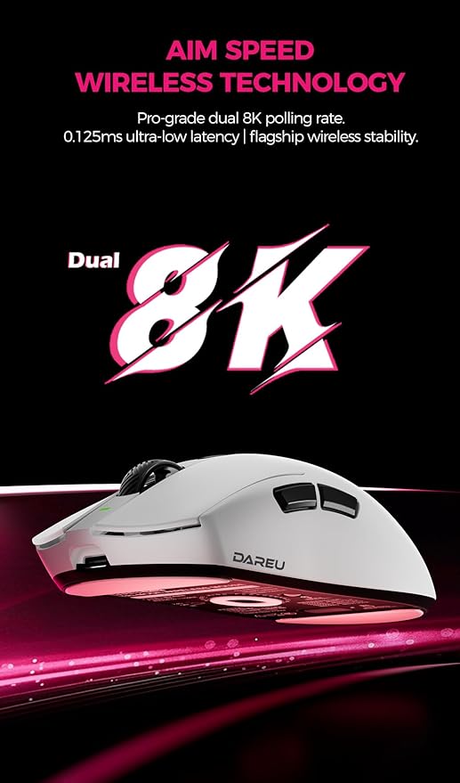 DAREU AE6 Pro Wireless Gaming Mouse, Custom PAW3950 30K Sensor, Wireless/Wired Dual 8K Polling,59g Lightweight, Display Charging Dock, Excimer Coating,3-Mode Connect, Programmable,166H Battery
