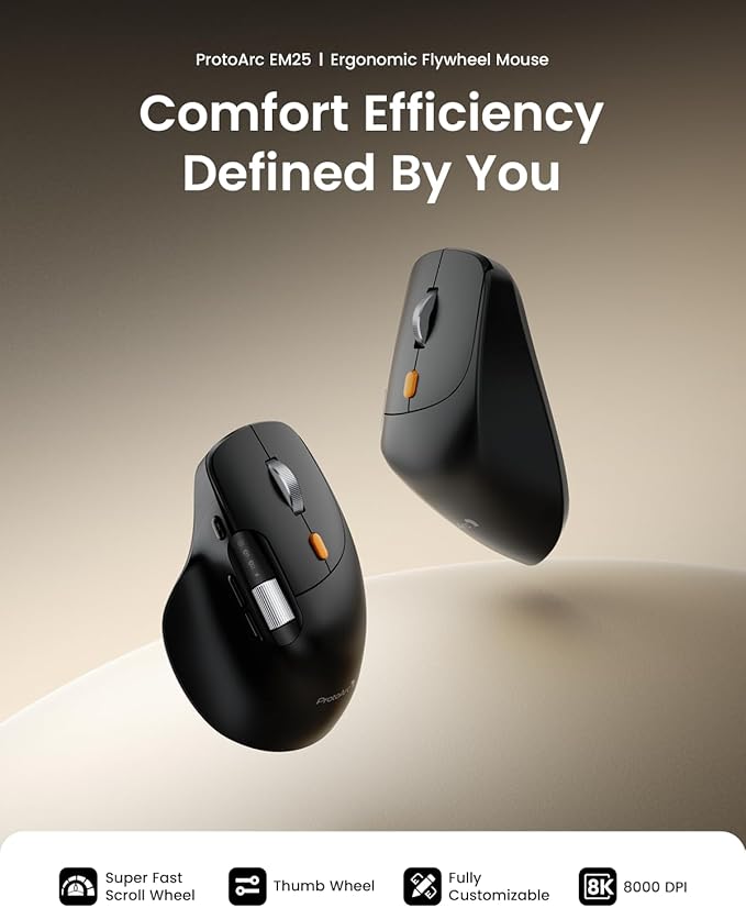 ProtoArc Ergonomic Wireless Mouse, EM25 Ultra-Fast Scrolling & Side Scroll, Customizable Bluetooth Rechargeable Mouse, 8000 DPI for Medium to Large Hands, Compatible with Windows/Mac/Android, Black