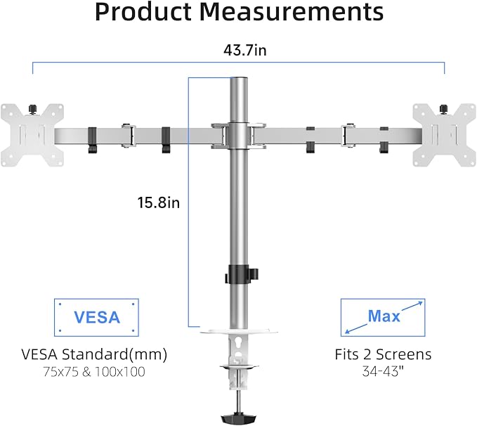 Suptek Dual Monitor Desk Mount, Adjustable Dual Monitor Arm for 2 Monitor Screens up to 43 inch, 15.75" Pole Monitor Stand for Desk, Holds up to 22 lbs,Silver(MD9442LS)