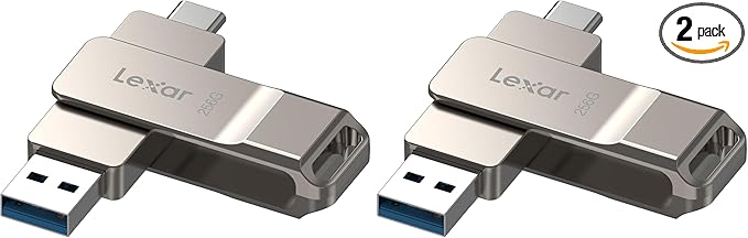 Lexar D40E 256GB Dual USB 3.2 Gen 1 Type-C Jump Drive, USB-C Flash Metal Housing Swivel Design Thumb Drive (Champagne Silver) (Pack of 2)