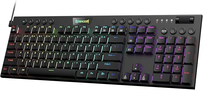 Redragon K619 Horus RGB Mechanical Keyboard, Ultra-Thin Designed Wired Gaming Keyboard w/Low Profile Keycaps, Dedicated Media Control & Linear Red Switch, Pro Software Supported