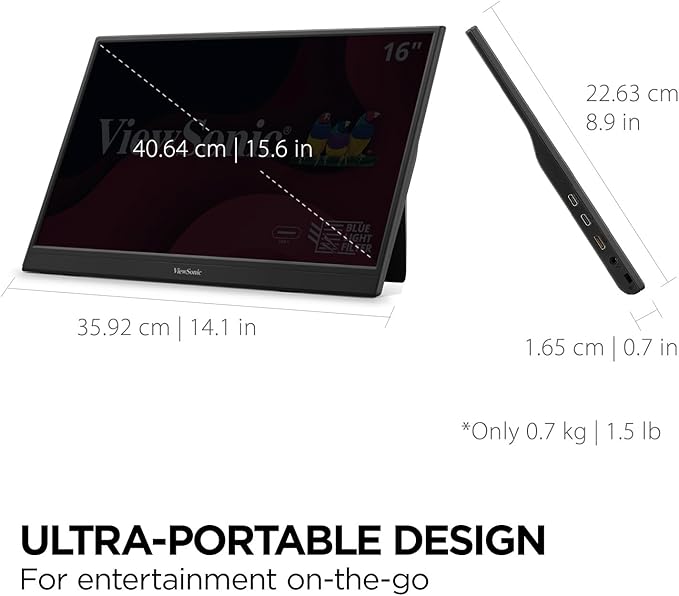 ViewSonic VA1653 16 Inch 1080p Portable Monitor, IPS Display with Eye Care for Easy Second Screen Productivity, Built-in Stand, USB-C, Mini HDMI, and Protective Case