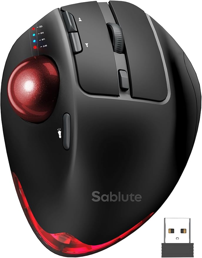 MAM1 Pro Wireless Trackball Mouse, Ergonomic Bluetooth Rechargeable Computer Mouse, Backlit Rollerball Thumb mice with 5 Level DPI, Adjustable Angle, 3 Devices Connection for PC, Windows - Red Ball