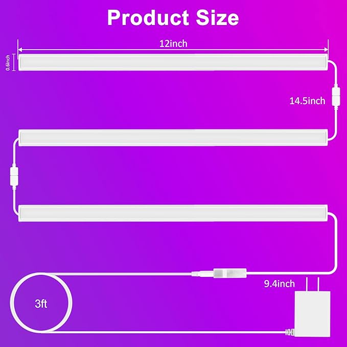 Benreom 3 Pcs RGB Under Cabinet Lights Kit, Smart App and Remote Control Under Cabinet Lighting, Dimmable Under Counter Lights for Kitchen, Plug in LED Lights Bar for Cabinet, Counter, Workbench, Desk