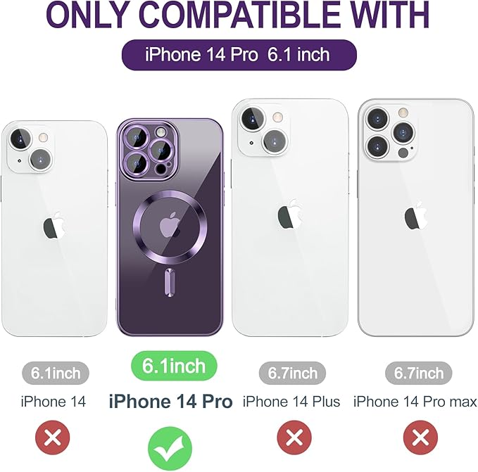 Hython Magnetic Clear for iPhone 14 Pro Case with Camera Lens Protector [Compatible with MagSafe] Luxury Plating Edge Slim Soft TPU Cover Protective Phone Case for iPhone 14 Pro 6.1", Deep Purple