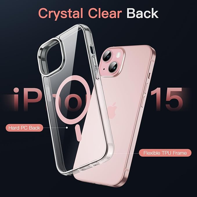 JETech Magnetic Case for iPhone 15 6.1-Inch Compatible with MagSafe Wireless Charging, Shockproof Phone Bumper Cover, Anti-Scratch Clear Back (Clear/Pink)