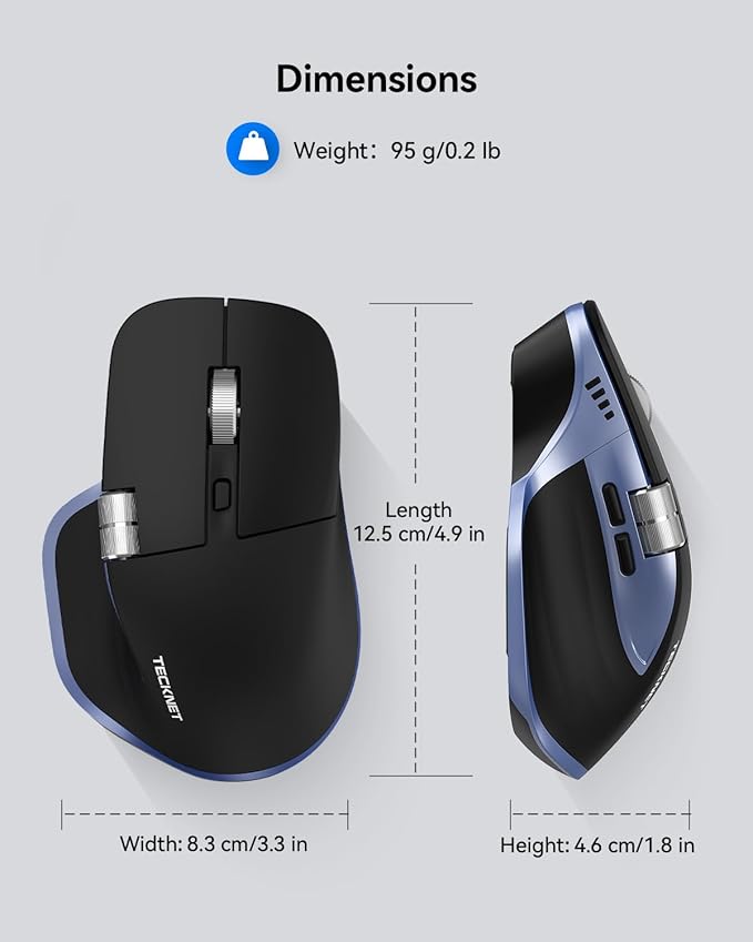 TECKNET Wireless Mouse, Bluetooth Mouse (BT5.3/5.0 & 2.4G) Rechargeable Ergonomic Optical Mouse with 6 Adjustable DPI, Side Scroll, USB A Receiver, 7 Buttons, Wide Compatibility - Black & Blue