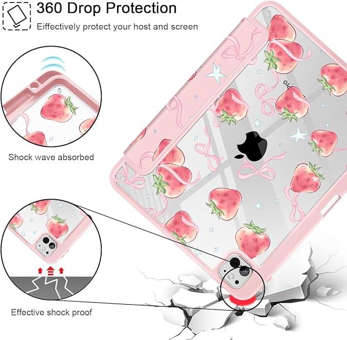 May Chen Case for iPad Pro 11-Inch M5/M4 2025/2024 (6th/5th Generation), Clear Transparent Print Back Shell Slim Stand Shockproof Tablet Cover, Auto Wake/Sleep, Bow Strawberry
