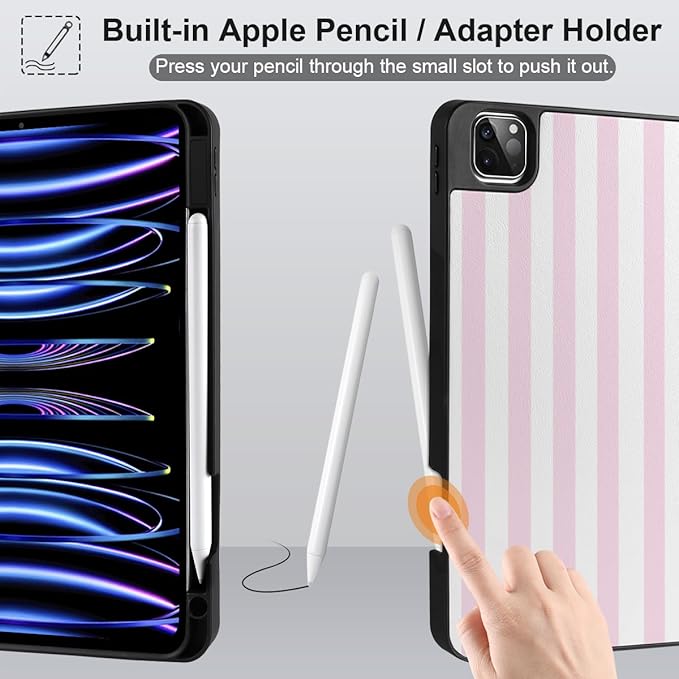 DONGKE Case for 2022/2021/2020/2018 iPad Pro 11 inch Gen 4/3/2/1 - Slim Protective Case - Built in Pencil Holder Support Charging - Trifold Stand & Sleep/Wake Cover- Pink Stripes