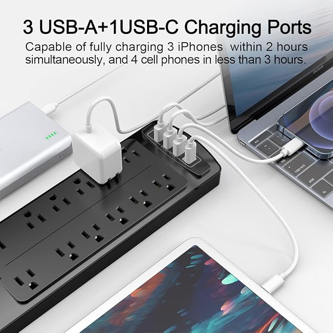 Power Strip, ALESTOR Surge Protector with 12 Outlets and 4 USB Ports(1 USB C Port), 15 Feet Extension Cord (1875W/15A), 2700 Joules, ETL Listed, Black